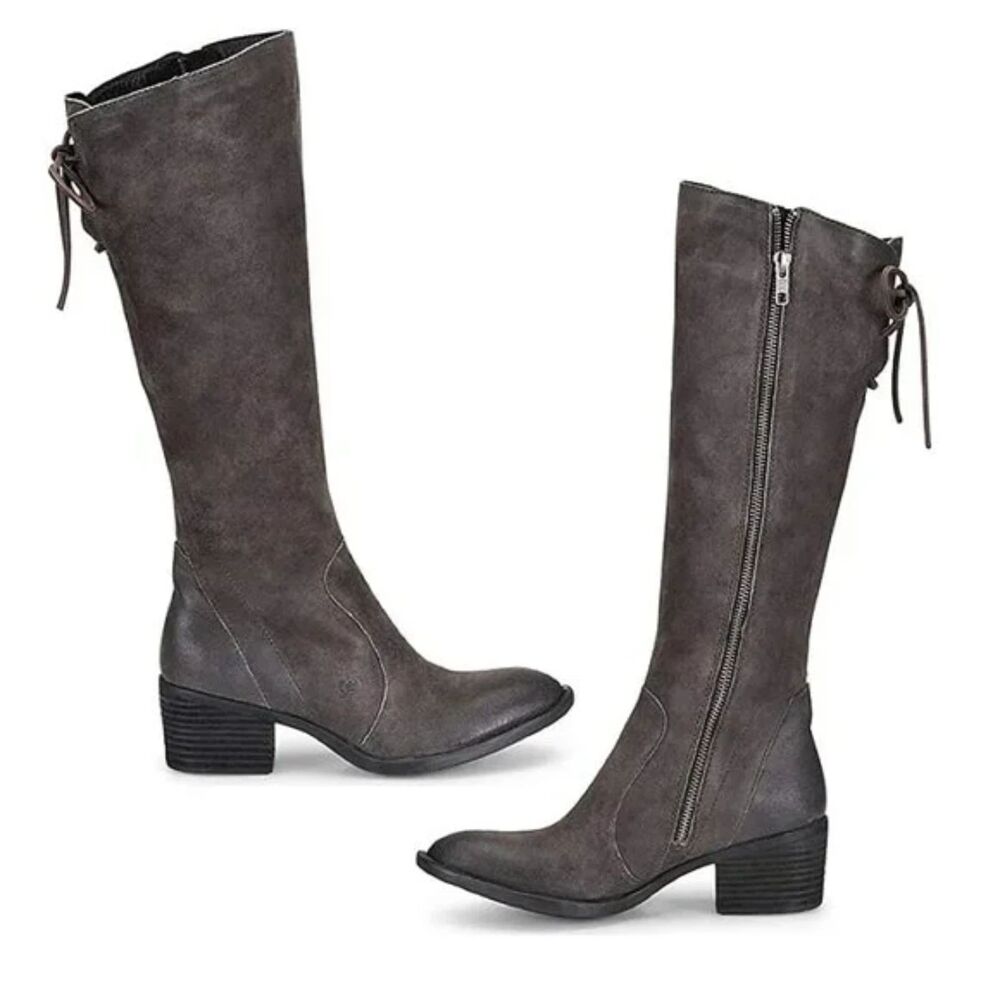 BORN Felicia Gray Brown Suede Lace Back Heeled Boots Size 8.5